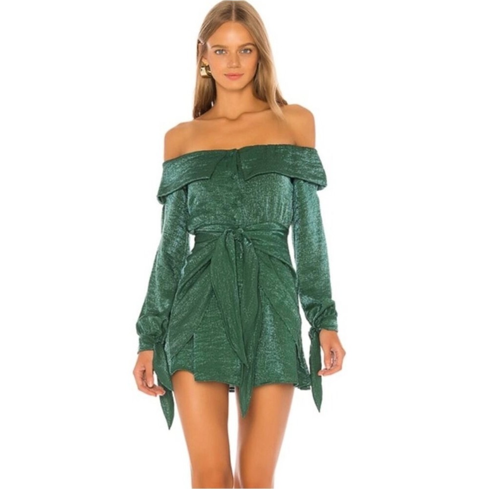 House‎ of Harlow x Revolve Sylvia Off Shoulder Metallic Emerald Green Mini Dress